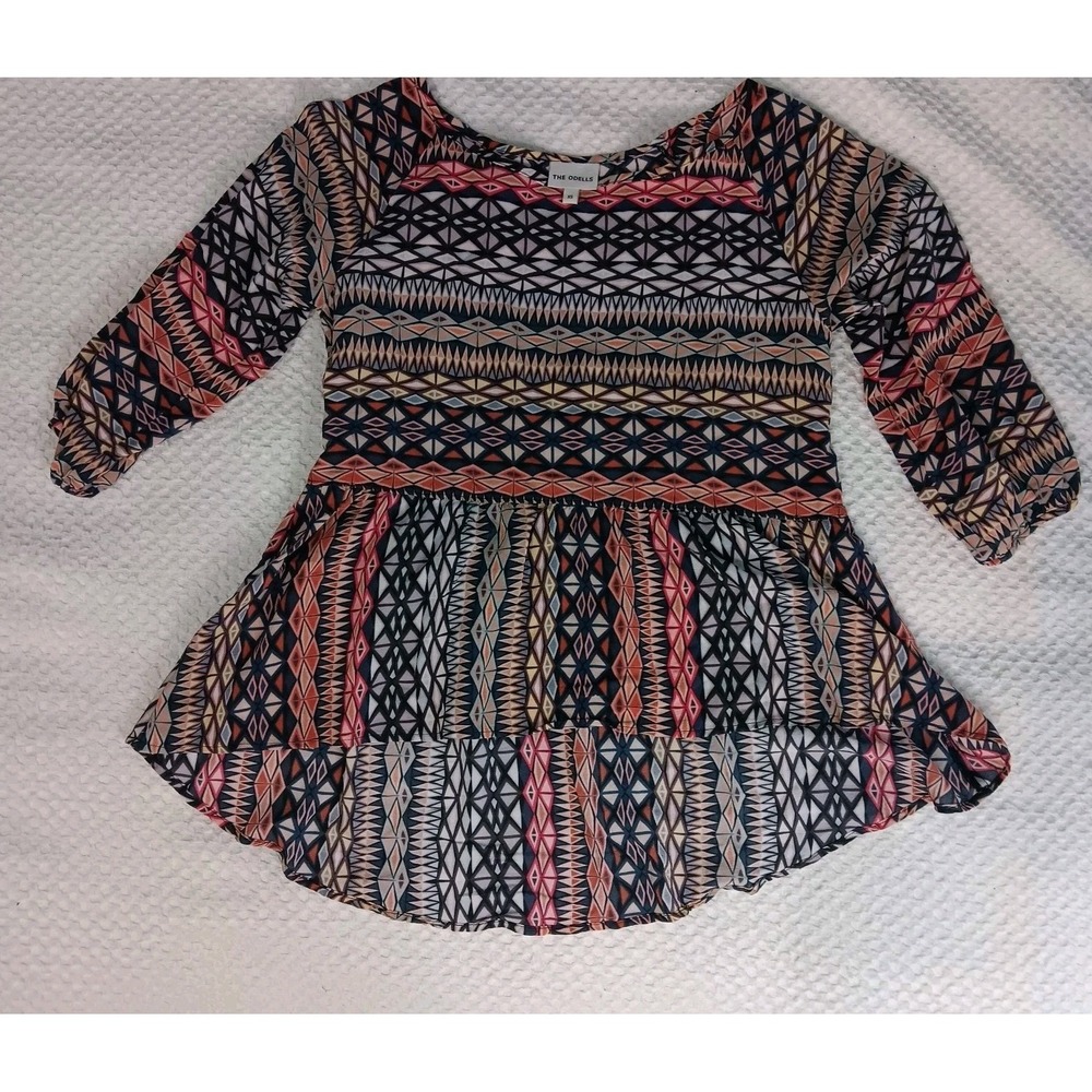 The Odells Womens Silk Geometric High Low Top Size XS‎ Artsy Boho Lightweight - Picture 2 of 9